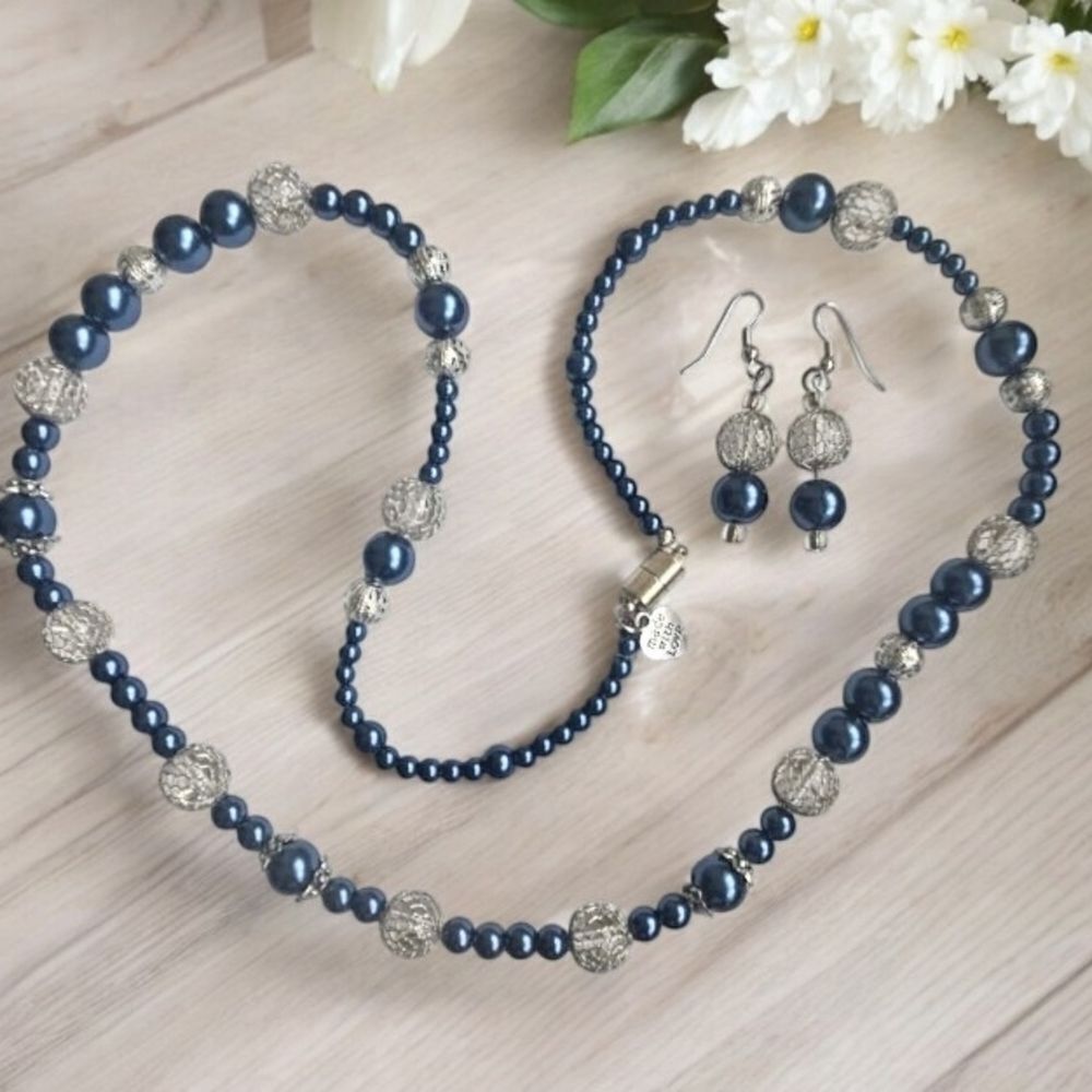 Elegant Blue Beaded Jewelry Set – Necklace & Earrings - Picture 1 of 4